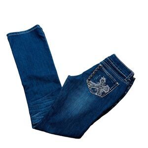 Papaya Dark Wash Distressed Low Rise Rhinestone Pocket Bootcut Jeans - Size 5